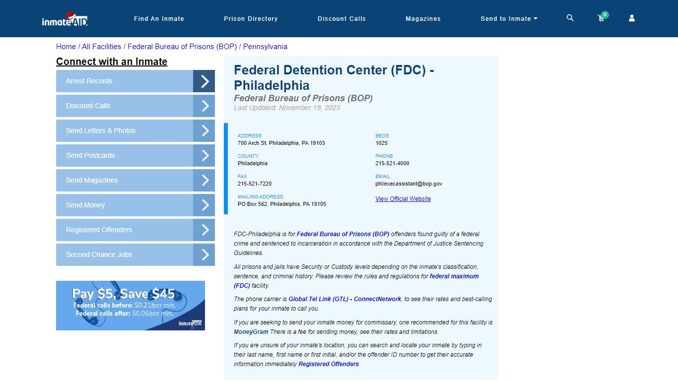 Federal Detention Center (FDC) - Philadelphia - Federal Inmate Locator - PA